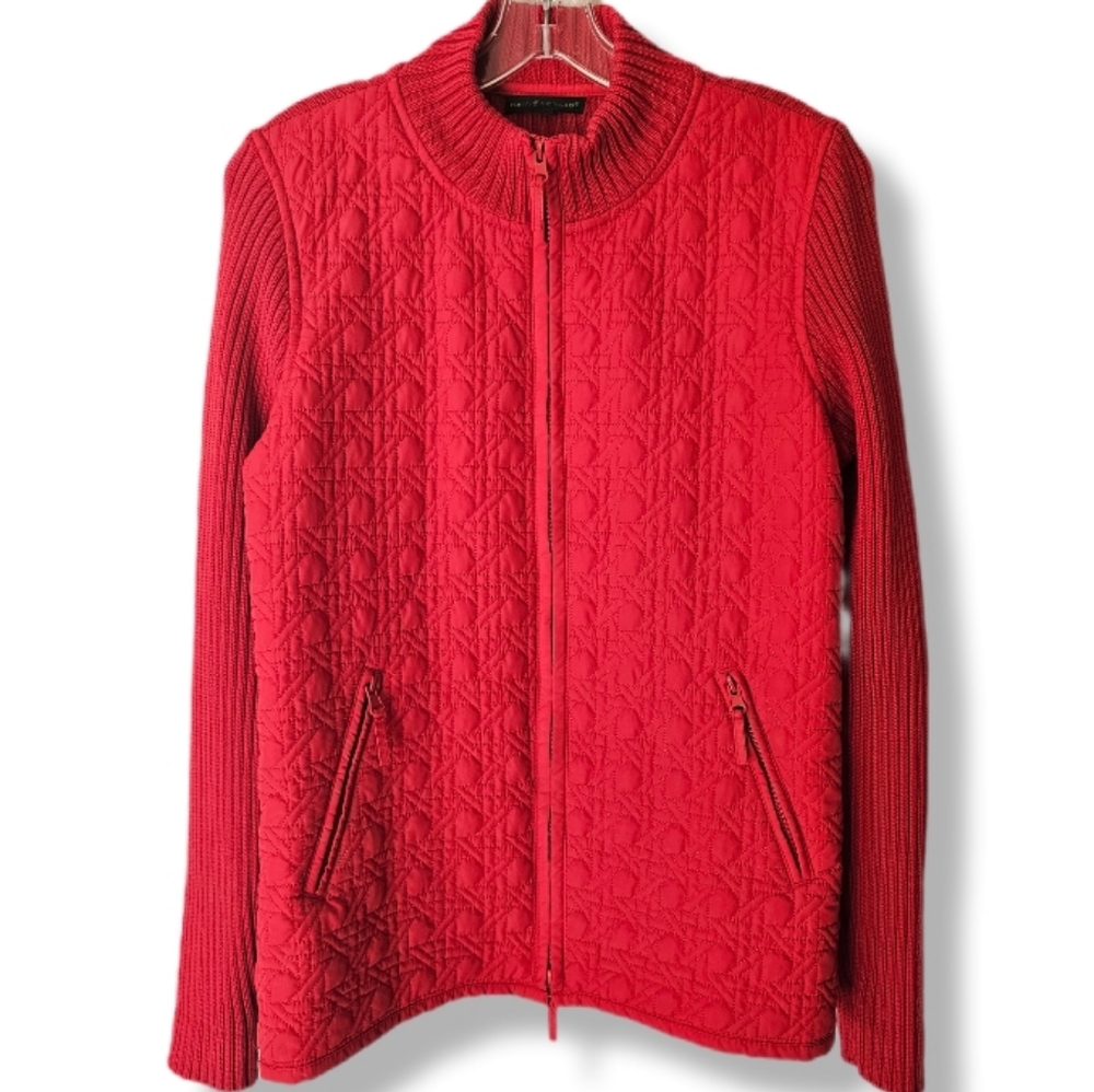 Harve Benard Red Quilted Zip-Up Jacket Mock Neck Sweater Size M Grandmacore